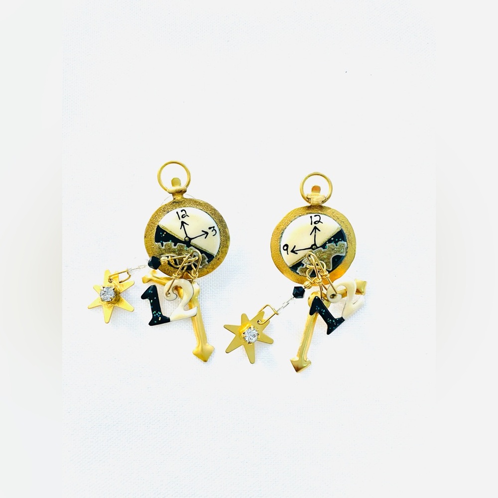 Vintage AUTHENTIC Lunch At The Ritz Earrings Clock With Charms Goldtone